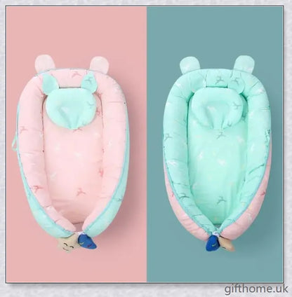 A cozy, anti-shock and anti-pressure baby sleeping crib with adorable animal print designs, providing a safe and comfortable sleeping environment for infants.