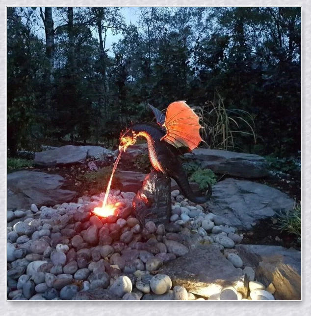 Precision Casting Fire-Breathing Dragon Sculpture Waterscape, a majestic half-metre tall bronze-like dragon statue for your garden