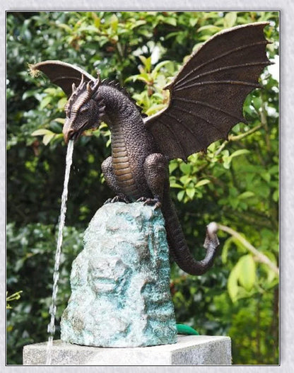 Precision Casting Fire-Breathing Dragon Sculpture Waterscape, a majestic half-metre tall bronze-like dragon statue for your garden