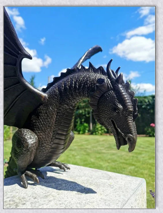 Precision Casting Fire-Breathing Dragon Sculpture Waterscape, a majestic half-metre tall bronze-like dragon statue for your garden