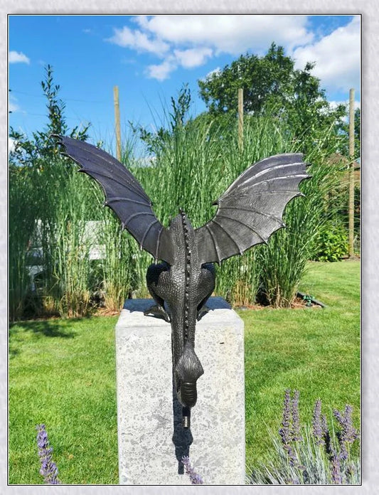 Precision Casting Fire-Breathing Dragon Sculpture Waterscape, a majestic half-metre tall bronze-like dragon statue for your garden