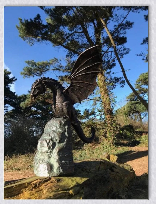 Precision Casting Fire-Breathing Dragon Sculpture Waterscape, a majestic half-metre tall bronze-like dragon statue for your garden