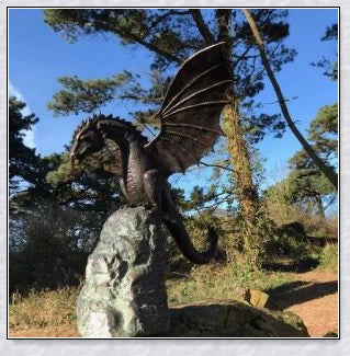 Precision Casting Fire-Breathing Dragon Sculpture Waterscape, a majestic half-metre tall bronze-like dragon statue for your garden