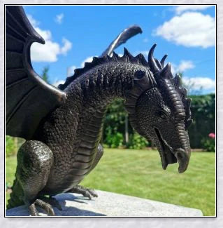 Precision Casting Fire-Breathing Dragon Sculpture Waterscape, a majestic half-metre tall bronze-like dragon statue for your garden