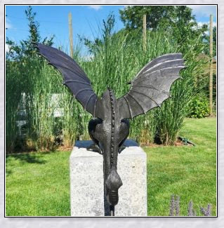 Precision Casting Fire-Breathing Dragon Sculpture Waterscape, a majestic half-metre tall bronze-like dragon statue for your garden