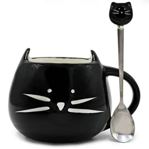 Cartoon cat-shaped ceramic coffee mug with matching stainless steel spoon, a practical and whimsical addition to any morning routine.