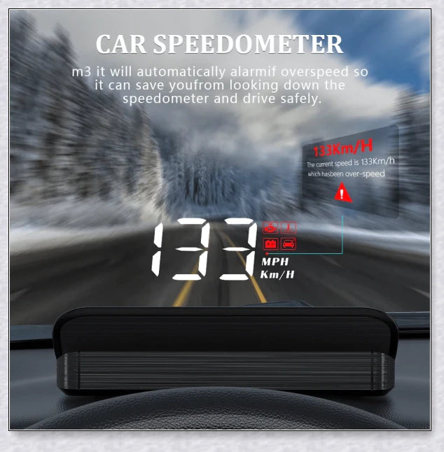 M3 Auto OBD2 GPS Head Up Display for Cars, featuring real-time speed, compass, and satellite information display
