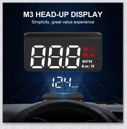 M3 Auto OBD2 GPS Head Up Display for Cars, featuring real-time speed, compass, and satellite information display