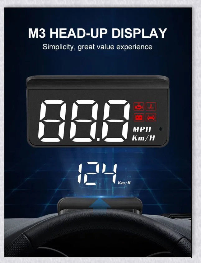 M3 Auto OBD2 GPS Head Up Display for Cars, featuring real-time speed, compass, and satellite information display