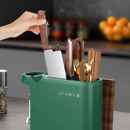 A multi-functional kitchen storage rack holding various kitchen tools and accessories