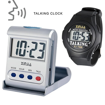 Talking Digital Alarm Clock and Wristwatch Set with voice-enabled time telling, backlit display, and waterproof design for the elderly and visually impaired