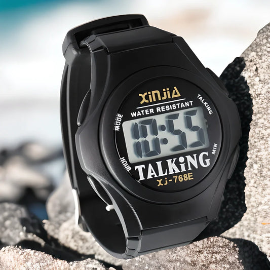 Talking Digital Alarm Clock and Wristwatch Set with voice-enabled time telling, backlit display, and waterproof design for the elderly and visually impaired