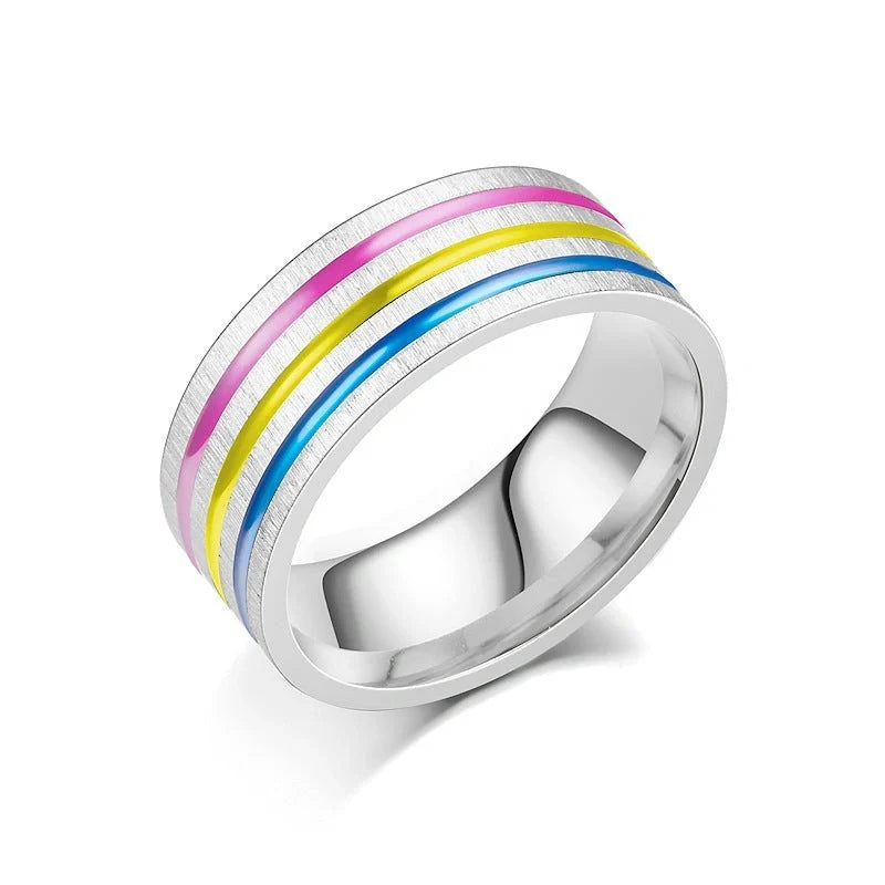 Iridescent titanium steel rings with rainbow-like oil treatment and sleek, flower-inspired design