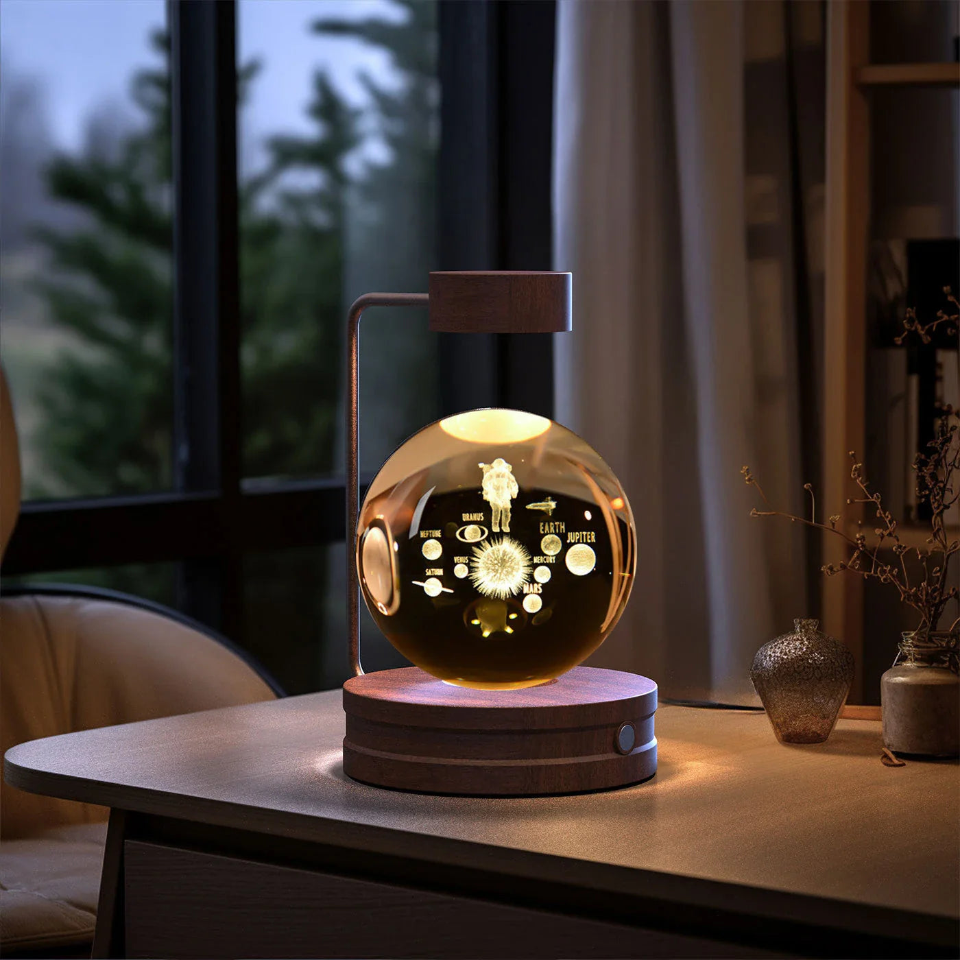 Enchanting crystal ball night light with cosmic designs, creating a warm and soothing ambiance in any room.
