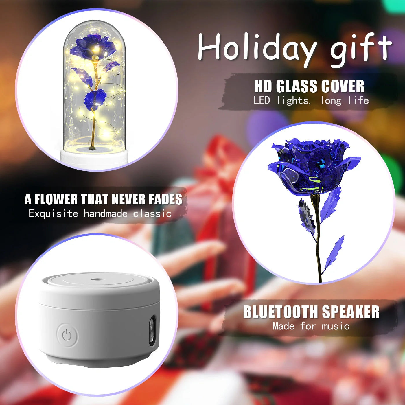 Elegant LED rose light with Bluetooth speaker in glass cover