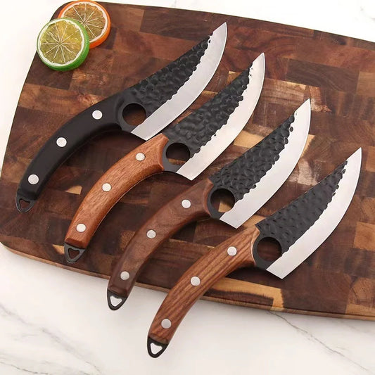 Hand hammered stainless steel boning knife with leather case