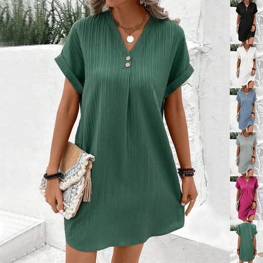 Stylish V-neck short-sleeved women's dress in various colours