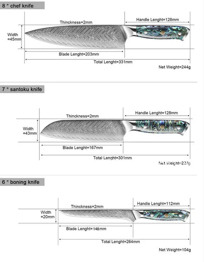 A premium 5-piece Japanese-style Seido Santoku knife set made of high-quality stainless steel, featuring a chef's knife, Santoku knife, bone knife, universal knife, and peeler
