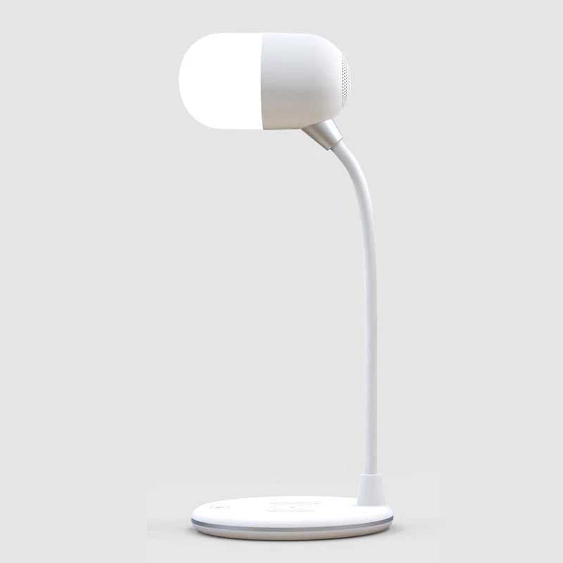 Versatile 3-in-1 desk lamp with wireless charging, Bluetooth speaker, and adjustable brightness controls