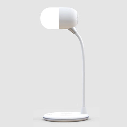Versatile 3-in-1 desk lamp with wireless charging, Bluetooth speaker, and adjustable brightness controls