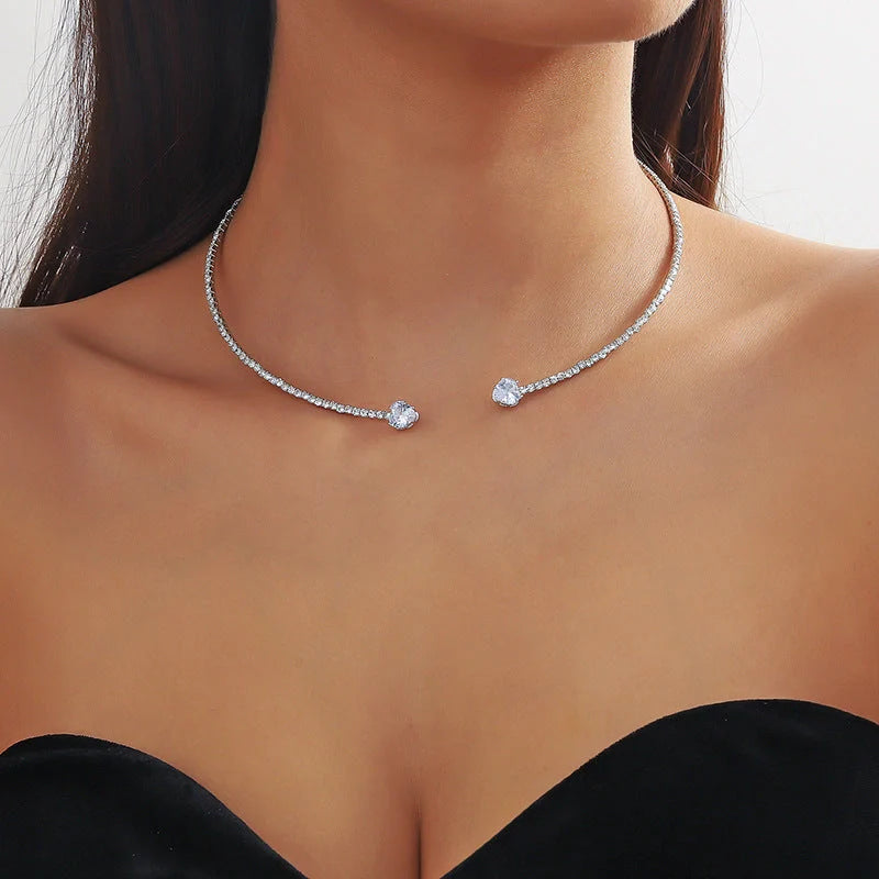 Elegant silver and gold rhinestone heart choker necklace for women