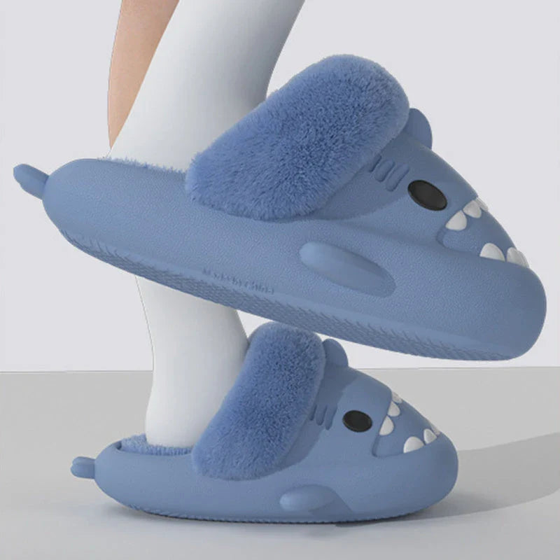 Cozy Shark Slippers with plush, fuzzy interior and thick, non-slip sole for comfortable, warm house shoes
