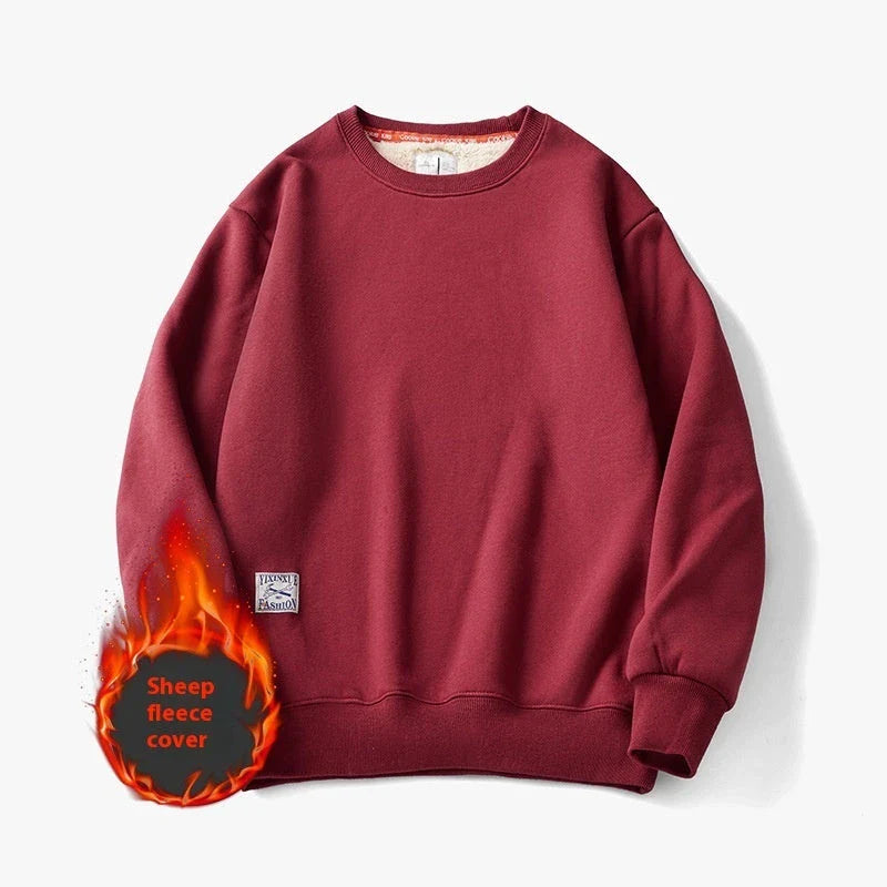Cozy fleece pullover sweatshirt for men in a variety of colors including apricot, navy blue, red, black, light blue, burgundy, light gray, and dark gray