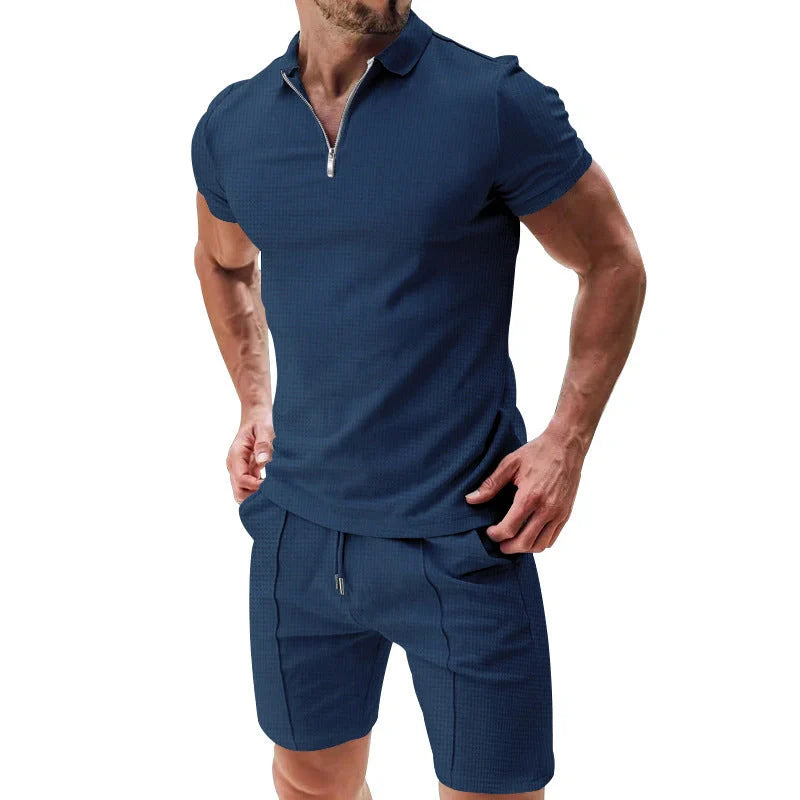 Men's summer waffle suit set with zipper lapel and drawstring shorts in various colours