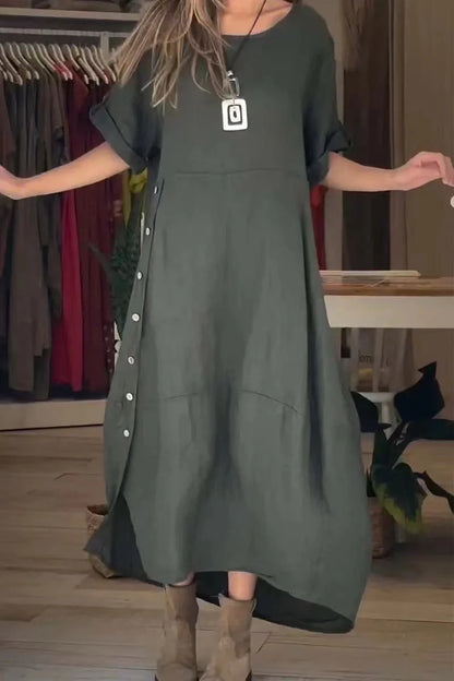 Loose casual short sleeve dress in cotton and linen with 3D effect, available in multiple colours