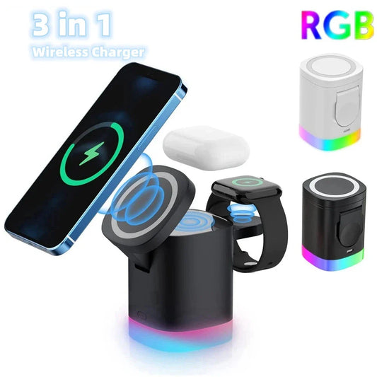 3-in-1 wireless charging station with RGB ambient lighting for smartphones, smartwatches, and wireless earbuds