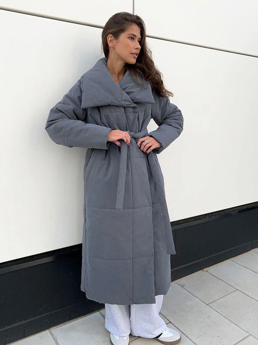 Women's winter warm cotton jacket with large lapel and lace-up design in various colours