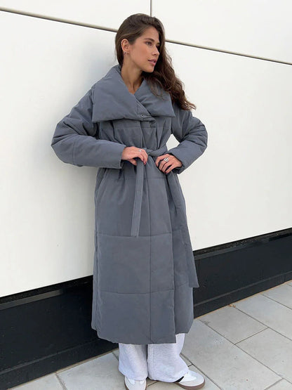 Women's winter warm cotton jacket with large lapel and lace-up design in various colours