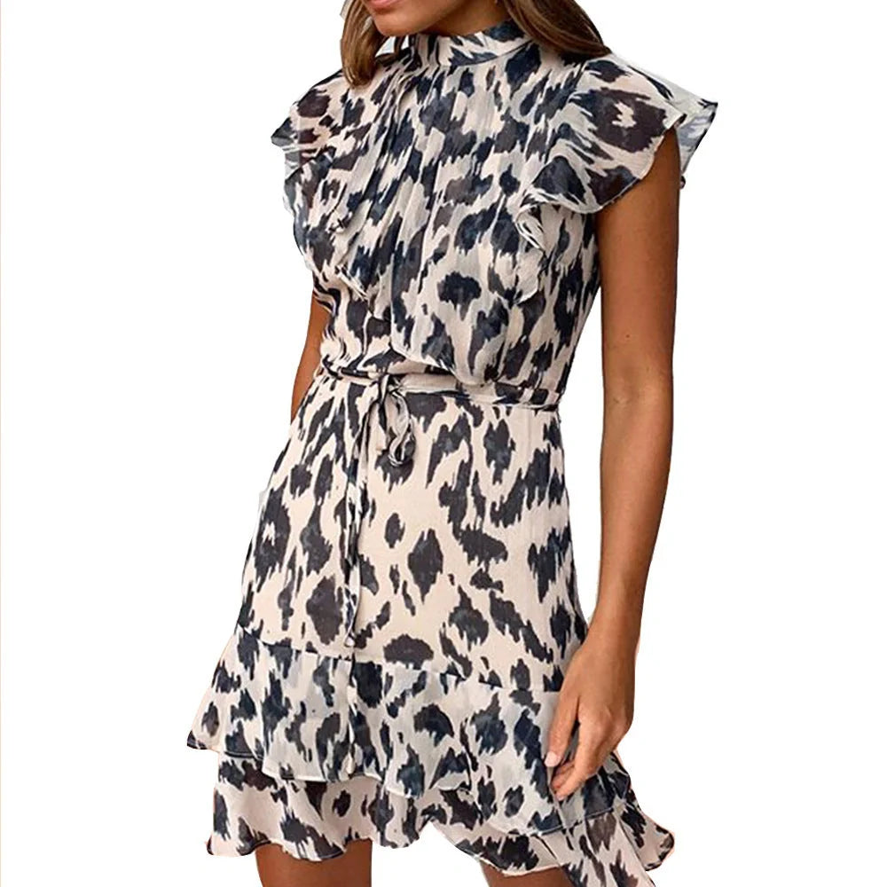 Women's leopard print slim waist dress with self-tie belt, available in sizes S to 3XL