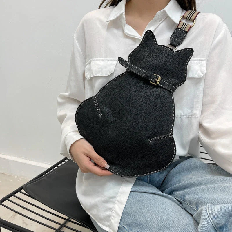 Women's PU leather cat-themed messenger shoulder bag in black, coffee, and brown