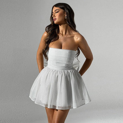 Elegant tube top lace dress with back bow-knot for summer fashion