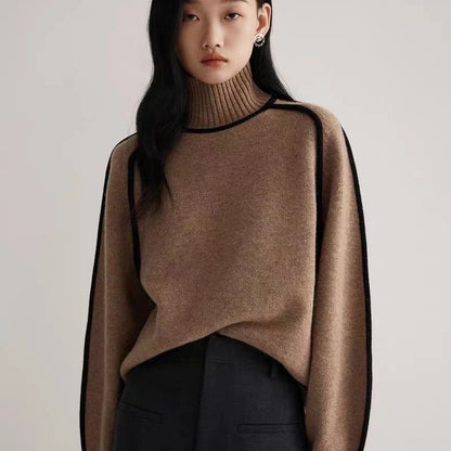 Half turtleneck knitted sweater with three-dimensional design in creamy white, floral brown, gray, and blue