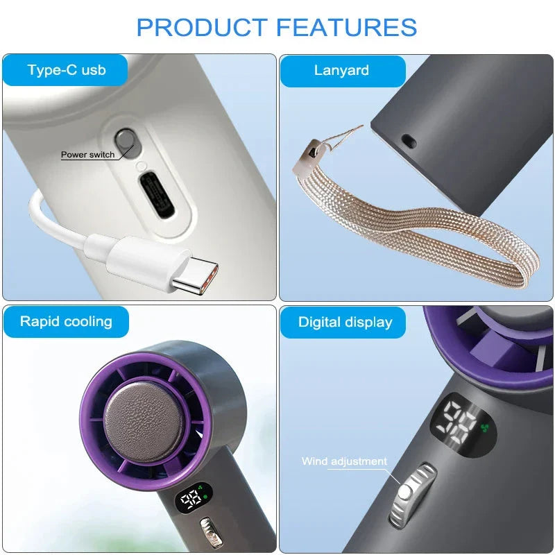Powerful handheld cooling fan with adjustable wind speeds, long-lasting 3000mAh battery, and semiconductor refrigeration technology