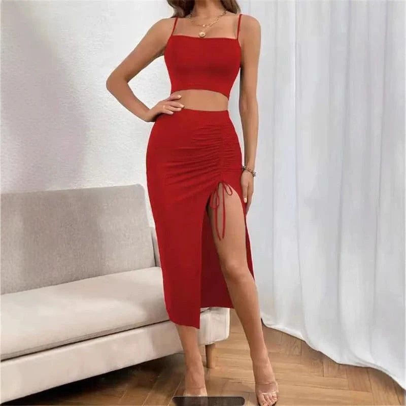 Elegant slim fit sleeveless split mid-length dress set for women in various colors