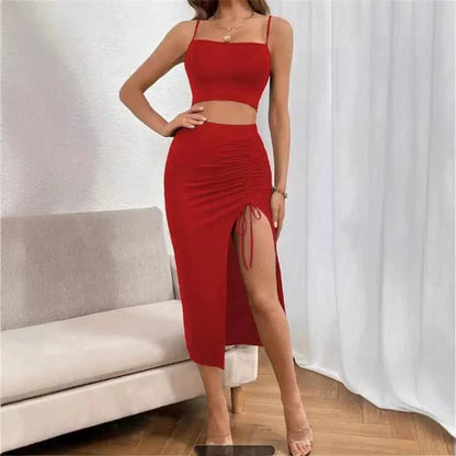 Elegant slim fit sleeveless split mid-length dress set for women in various colors