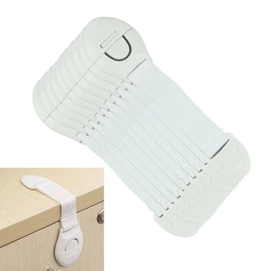 Multifunctional baby safety lock in white, securing cabinet doors and drawers