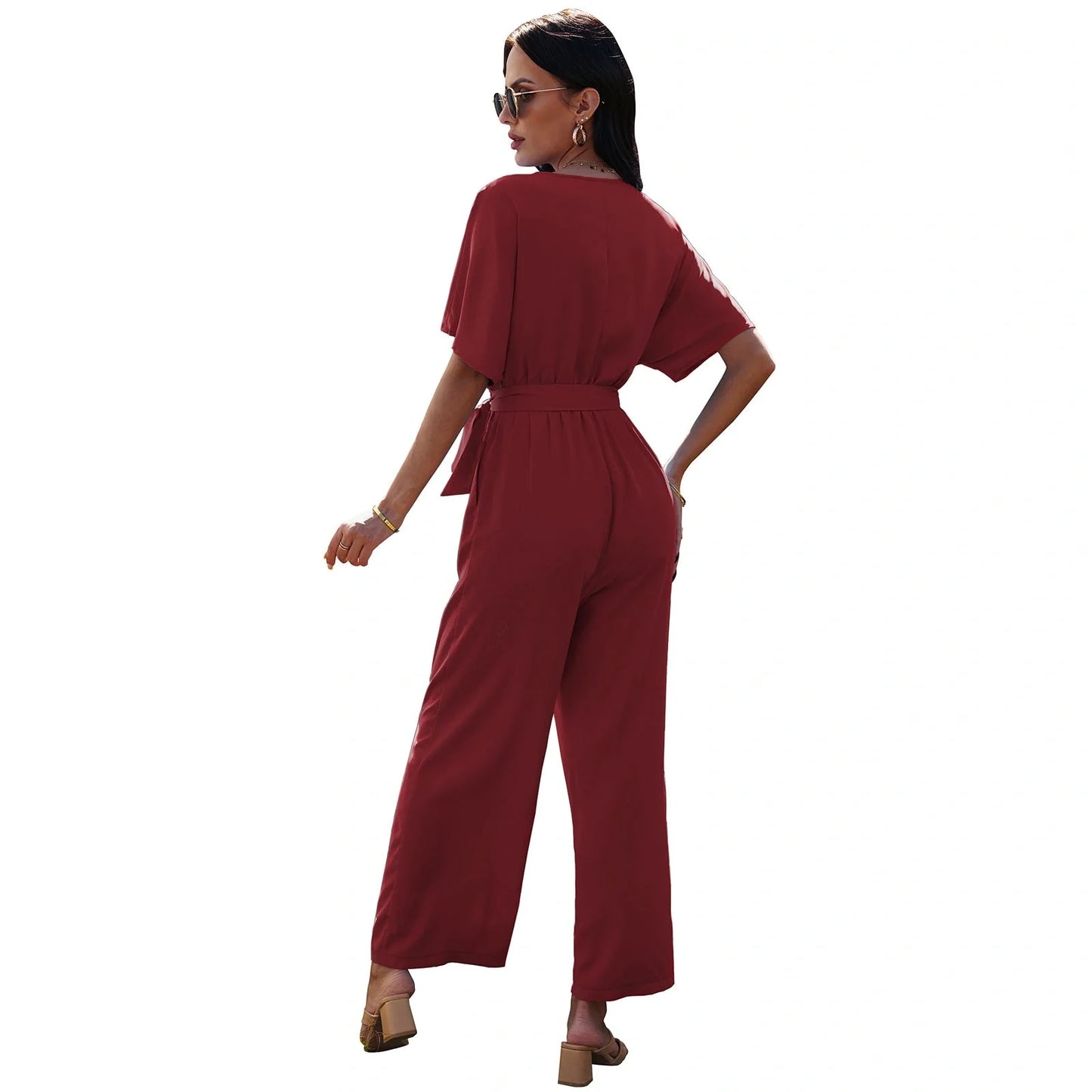 Women's V-neck tie waist jumpsuit in solid colours for summer wear