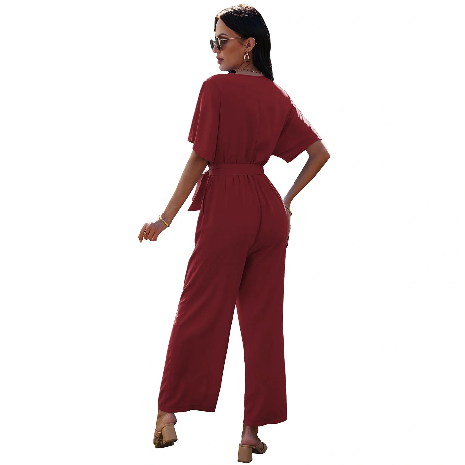 Women's V-neck tie waist jumpsuit in solid colours for summer wear