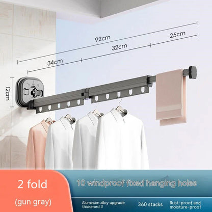 Aluminium suction cup folding clothes hanger with retractable drying rack for space-saving laundry drying