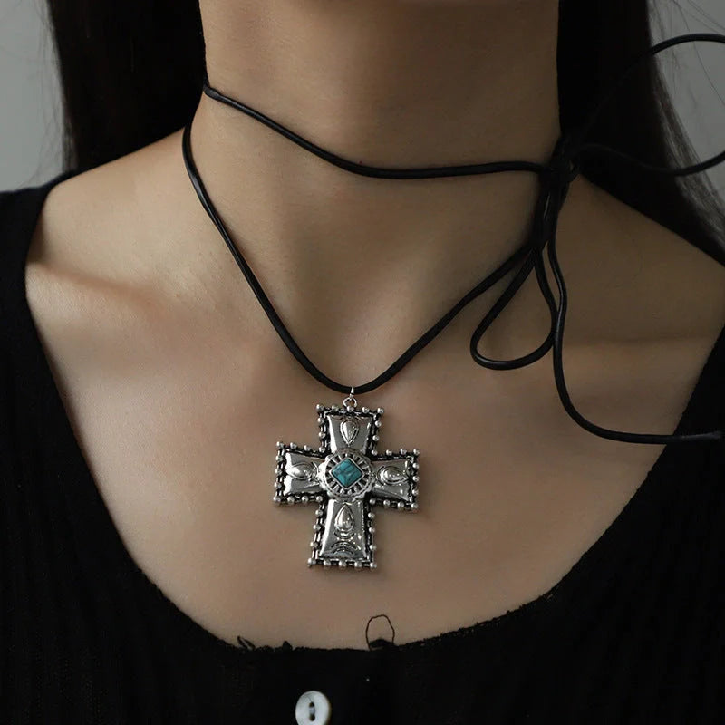 Personalised Turquoise Wax Rope Necklace with Embossed Vintage Cross pendant