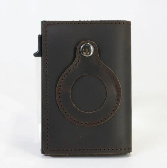 Premium leather wallet with built-in AirTag holder for secure everyday carry and item tracking