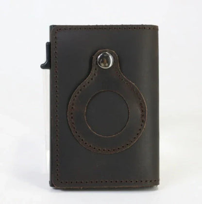 Premium leather wallet with built-in AirTag holder for secure everyday carry and item tracking