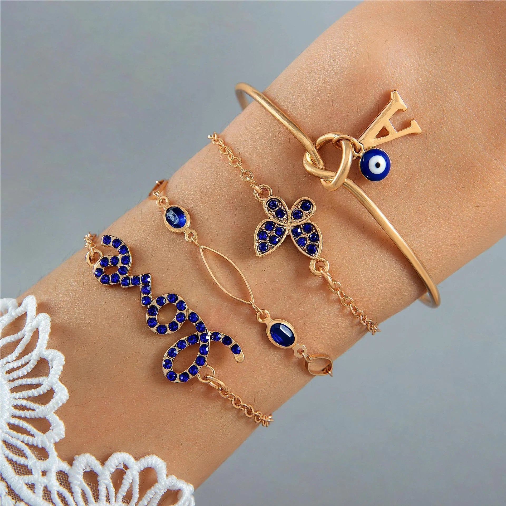 4-piece Blue Flower Love Butterfly Bracelet Set with Rhinestones for Valentines Day