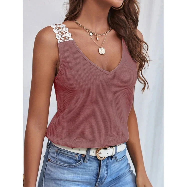 Waffle V-Neck Vest with lace detail, available in light grey, black, pink, brick red, and apricot