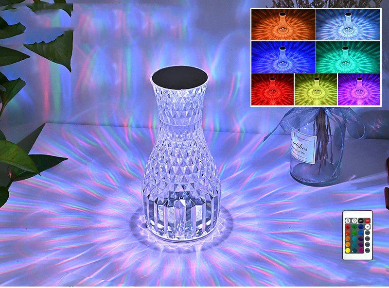 Vase Shape Atmosphere Crystal Lamp with USB charging and remote control on a bedside table
