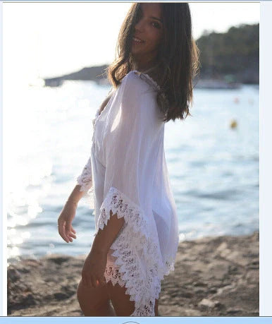 Women's cotton beach bikini lace white blouse for swimming and wading
